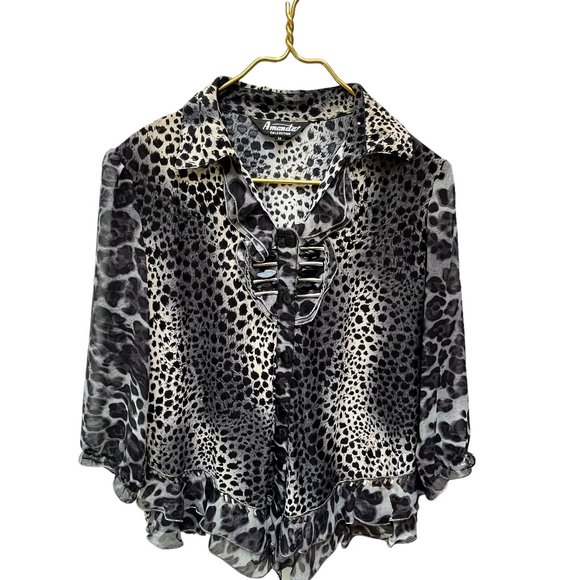 Amanda Collection Black and Cream Leopard Print Blouse Women's Size M - Picture 1 of 12